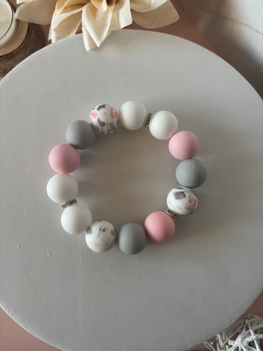 🌸Bracelet Éclosion — rose poudré, blanc, gris & fleuri
