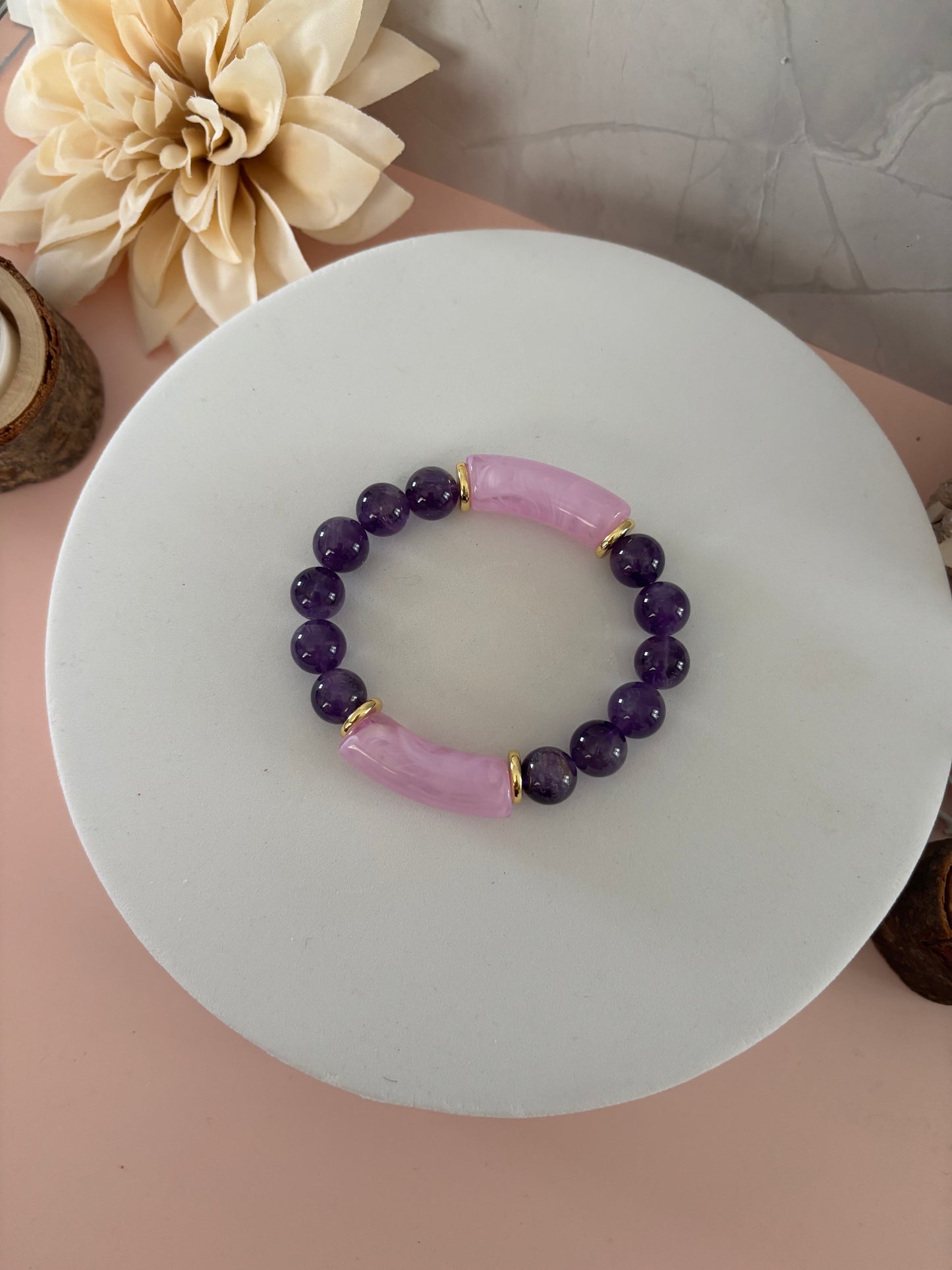 🌺 Bracelet Rosalie — rose poudré, violet & doré