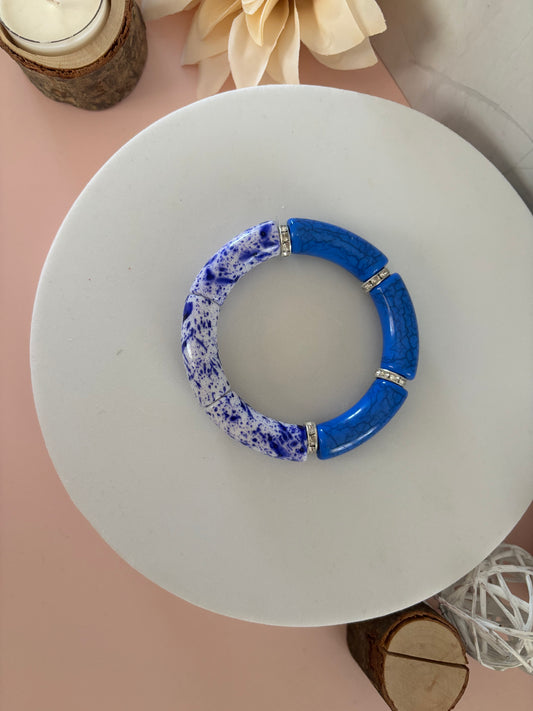 🌿 Bracelet Océane — bleu, blanc fleuri & argenté