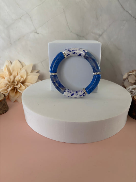 🌸 Bracelet Fleur d’Azur — bleu, blanc fleuri, argenté & bleu profond