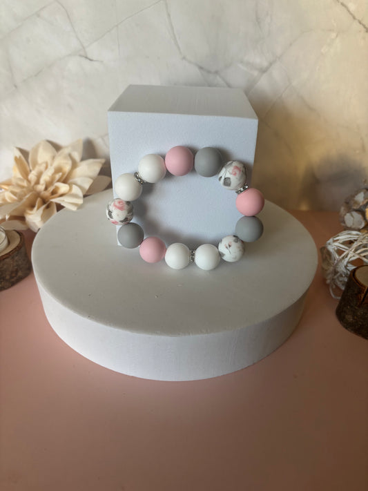 🌸Bracelet  Éclosion — rose poudré, blanc, gris & fleuri