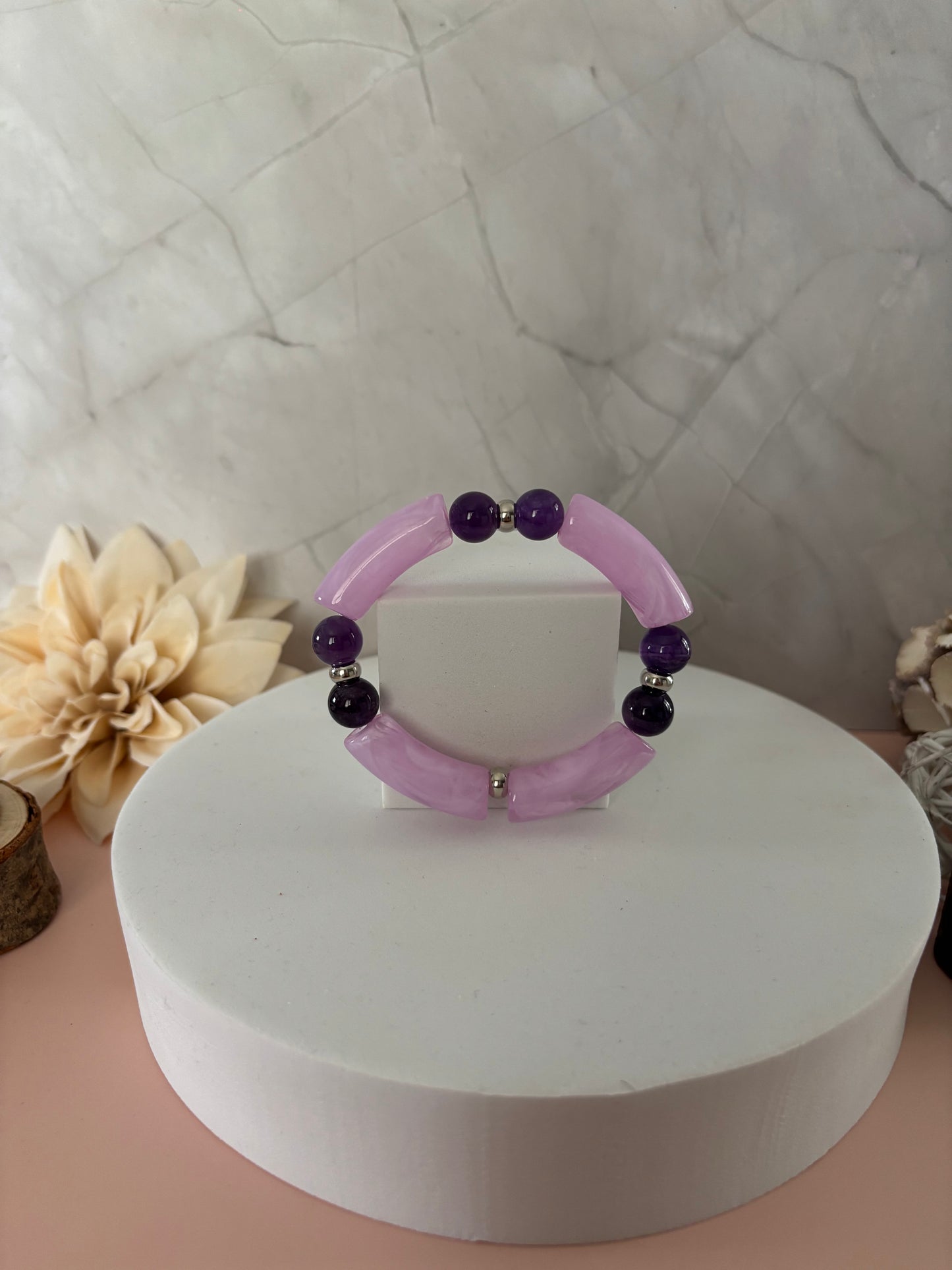 🌸 Bracelet Douceur Rosée — rose poudré, violet & argenté