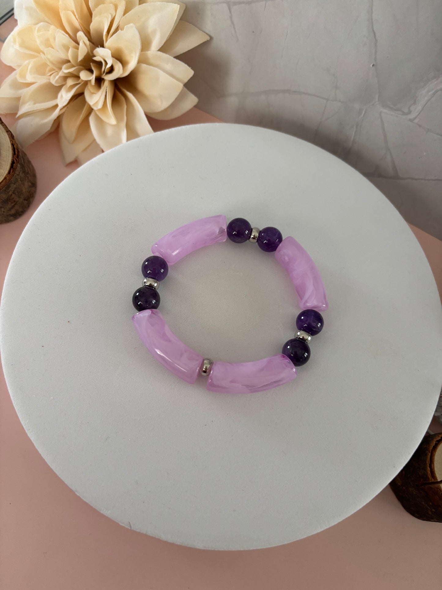 🌸 Bracelet Douceur Rosée — rose poudré, violet & argenté