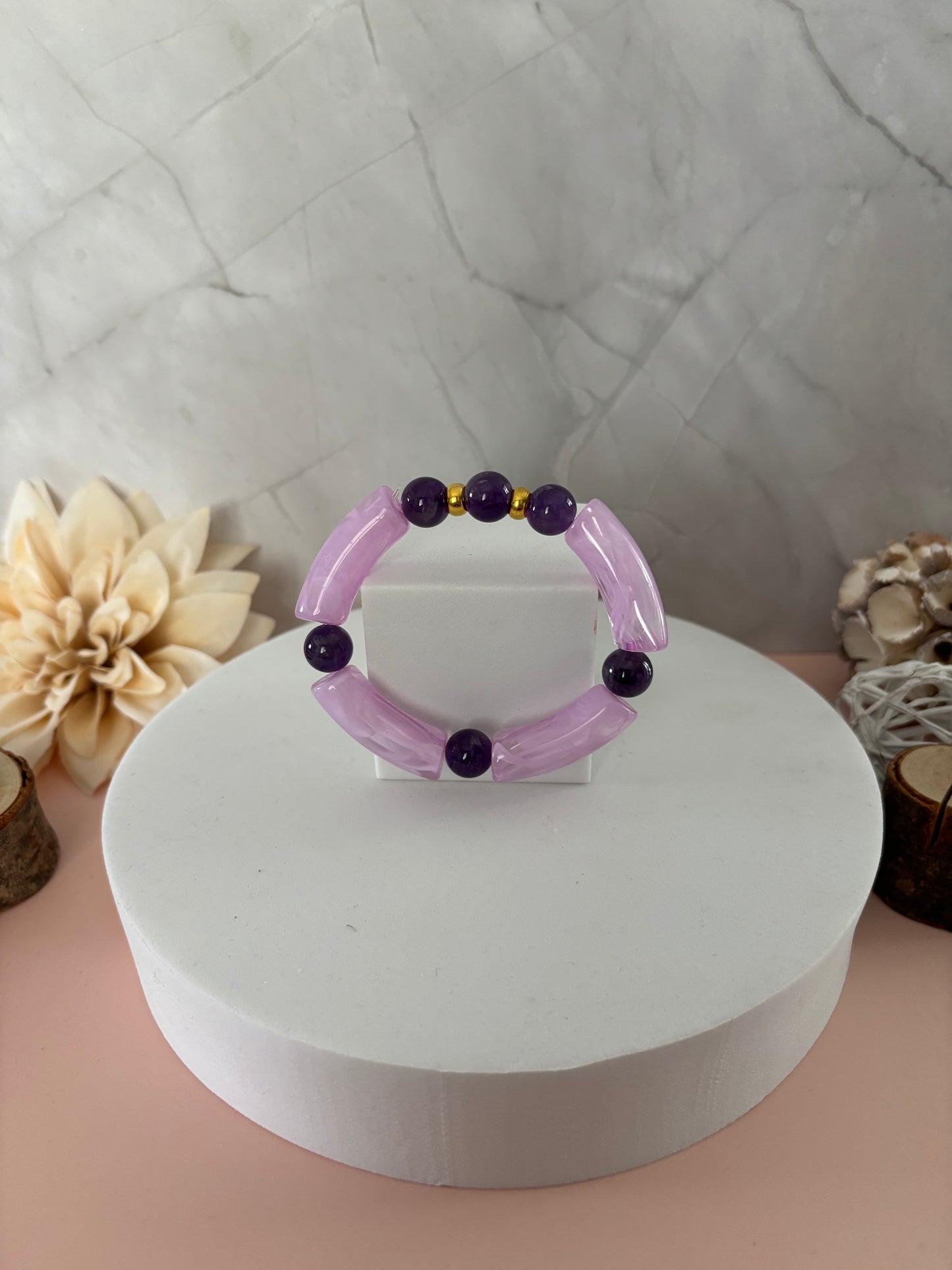 💜 Bracelet Orchidée — rose poudré, violet & doré